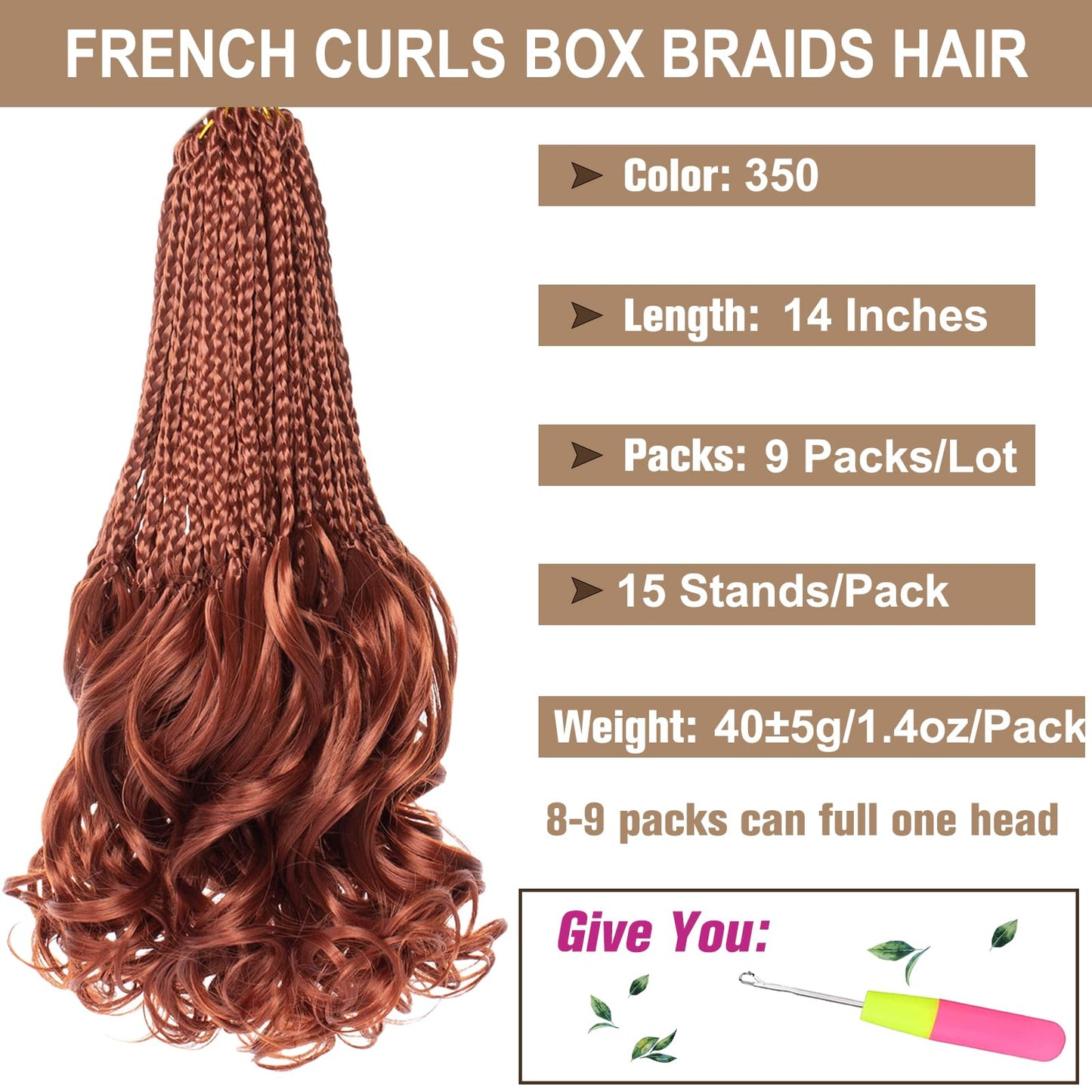 COOKOO 14 Inch 9 Pack Copper Red Pre Looped French Curly Box Braids Crochet Hair Ginger French Curl Braiding Hair Bouncy Loose Wave Crochet Box Braids for Black Women 350#