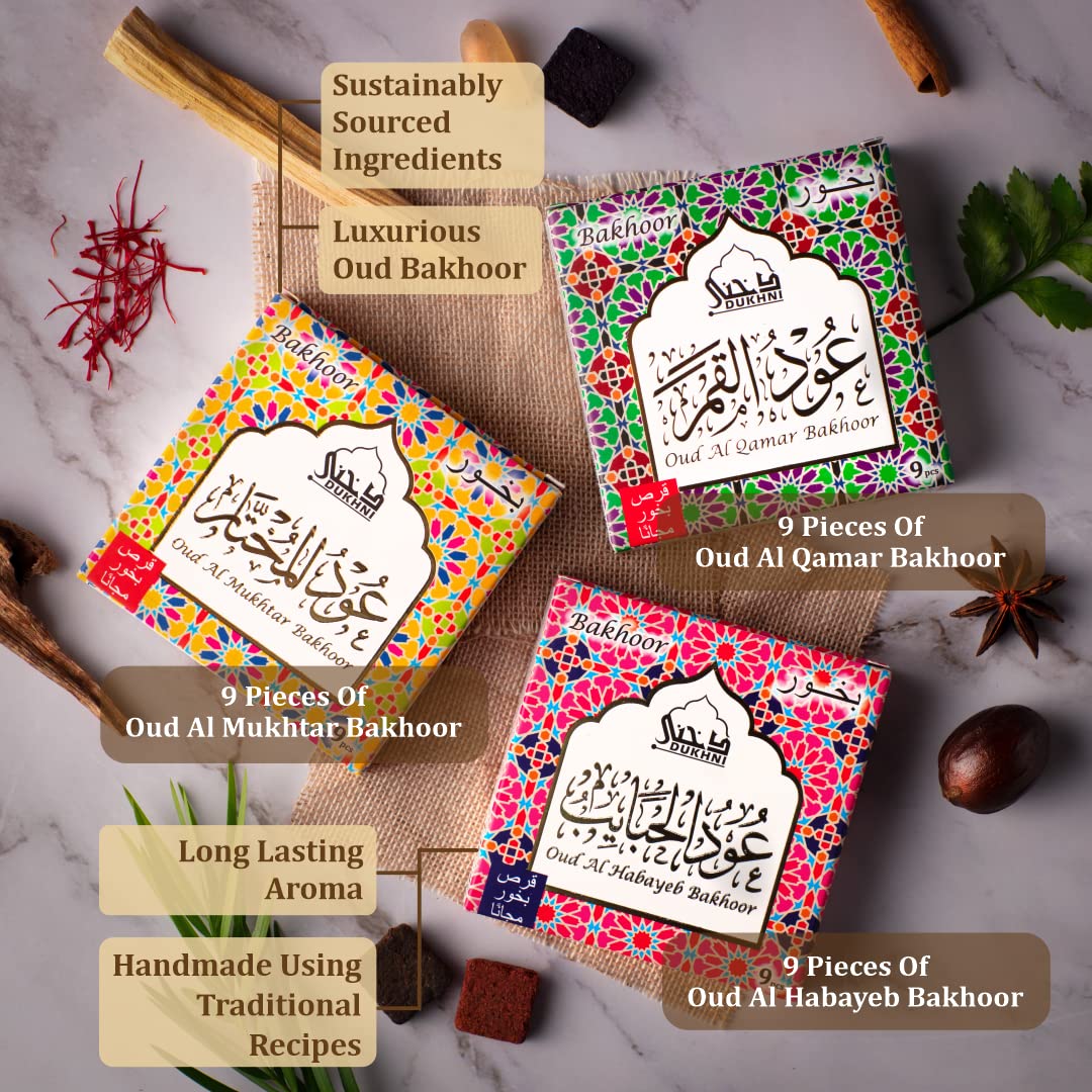 Oud Al Mukhtar, Oud Al Qamar, Oud Al Habayeb Bakhoor by Dukhni | 3 x 9 Piece Each | Assorted Arabic Bakhoor Incense | Perfect to Relax, Meditate & Pray | Rich, Luxurious, Long Lasting