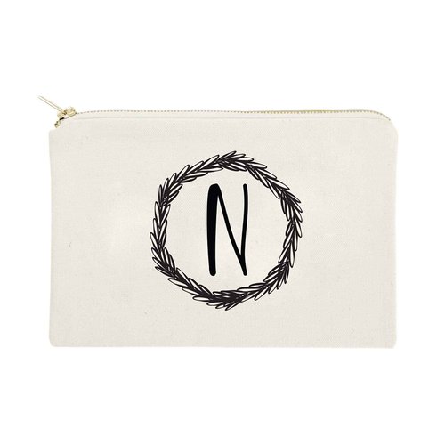 The Cotton & Canvas Co. Personalized Wreath Monogram Initial N Cosmetic Bag and Travel Make Up Pouch
