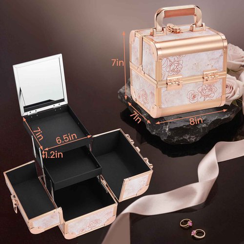 Costravio Makeup Case Train Case Portable Makeup Box with Mirror Lock Box Travel Cosmetic Train Cases Hard Make Up Organizer for Girls Nail Craft Storage Vanity Rose Gold Flower