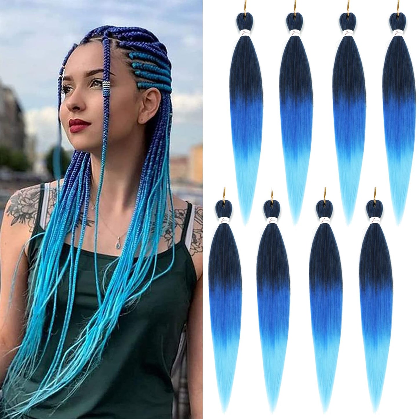 Braiding Hair Pre-Stretched Braiding Hair - Ombre PreStretched Braiding Hair Colored Hair Extensions for Braids Crochet Hair For Black Women (26 Inch(8Packs), 1B/Dark Blue/Light Blue)