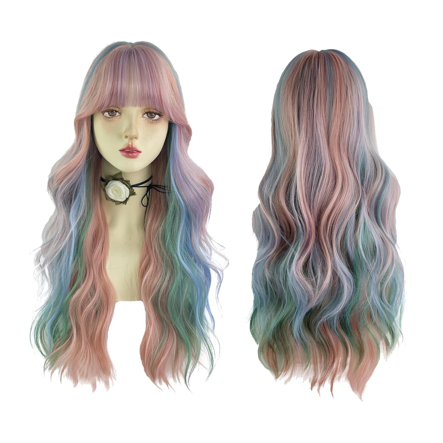 WKLOUYHE Rainbow Long Wavy Wigs with Bangs for Women Loose Wavy Wig Curly Wavy Synthetic Cosplay Wig for Girl Colorful Costume Wigs