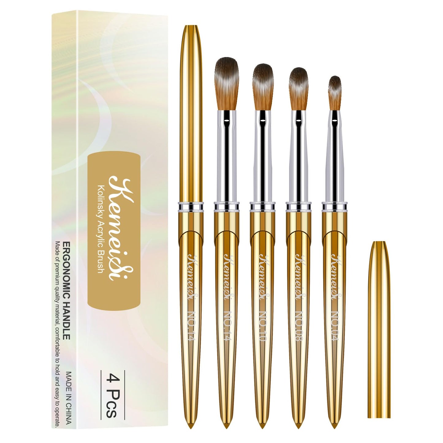 KEMEISI 4PCS Acrylic Nail Brush Set, Size 04/08/10/14 Kolinsky Nail Art Brushes for Acrylic Application, Sturdy Handle Oval Shaped Acrylic Powder Nail Design Tools for Professional Manicure DIY Home