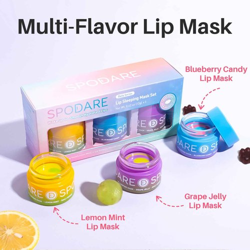 SPODARE 3-in-1 Dual-Color Sleeping Lip Mask Set – Blueberry, Grape and Lemon, Hydration & Repair for Dry Cracked Lips, Infused with Vitamin C, Lip Moisturizer for Nourishing Lips, 1.26 Fl Oz