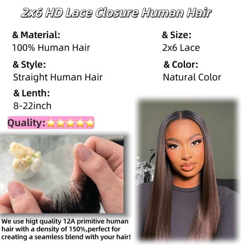 2x6 HD Lace Closure Straight Human Hair 16 Inch 2 by 6 HD Lace Closure 100% Brazilian Virgin Unprocessed Middle Part Human Hair Kim K Closure With Baby Hair Natural Color