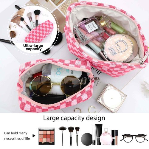 EIMMBD Makeup Bag 3 Pieces Large Capacity Checkered Cosmetic Bags Canvas Travel Toiletry Bag Organizer Cute Makeup Pouch Storage for Women(Rose)