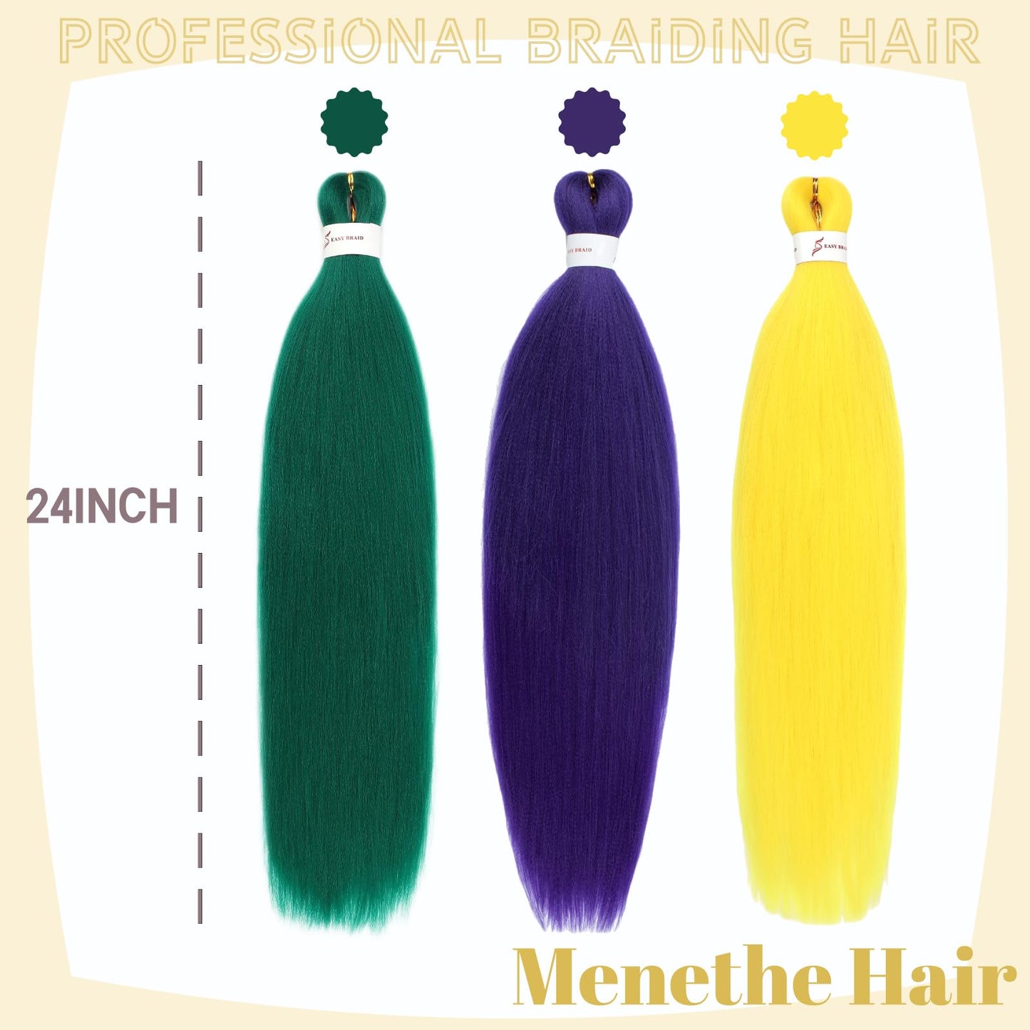 Menethe Hair Braiding Hair Pre Stretched 24 inch Colored Prestretched Braiding Hair Natural as Human Braiding Hair Extensions Crochet Hair Synthetic Crochet Braids(24Inch,Green/Purple/Yellow#).