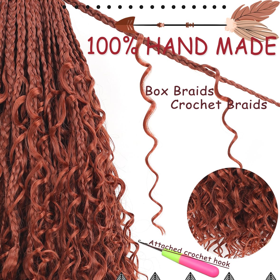 Beverlee 14 Inch Boho Box Braids 8 Packs Goddess Box Braids Crochet Hair Bohemian Hippie Braids Braiding Hair Box Braids with Curly Ends Messy Pre-looped Synthetic Crochet Hair for Women 128 Strands