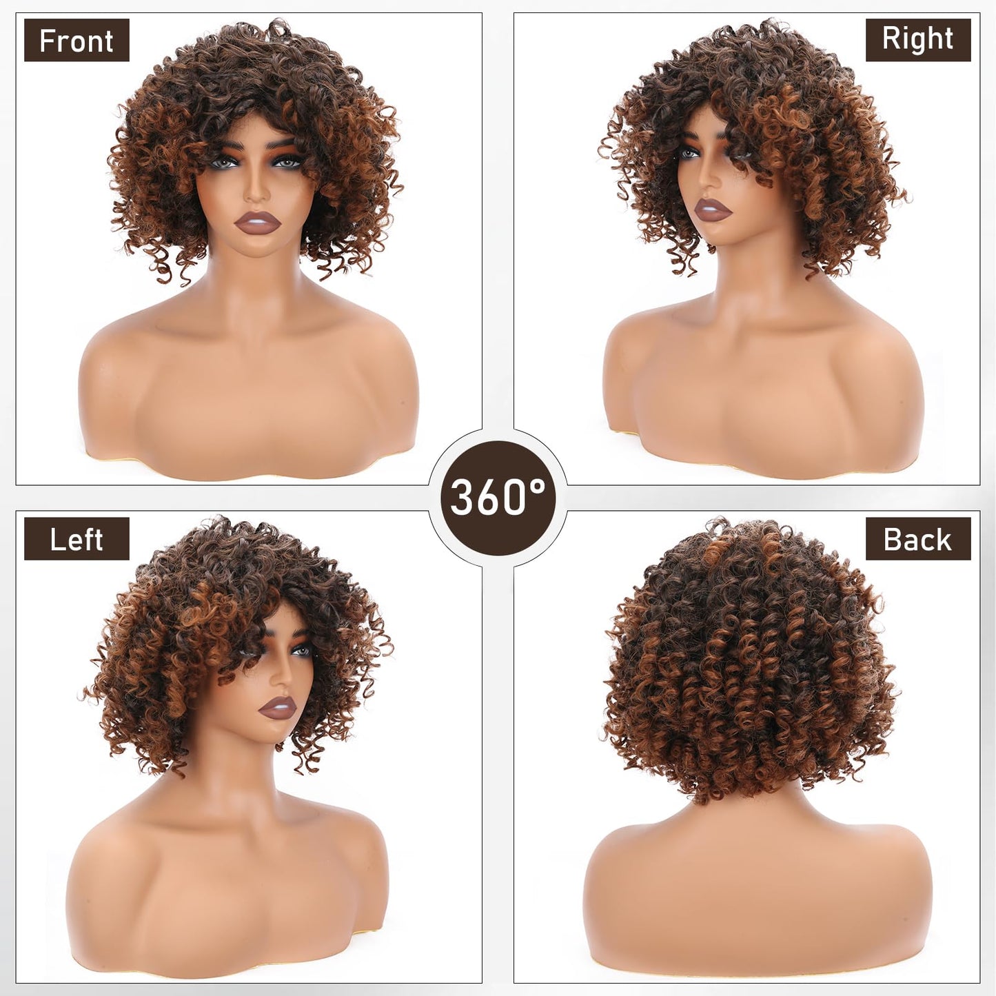 ihkwlma Afro Kinky Curly Wigs for Black Women Glueless Synthetic Short Curly Afro Wig with Bangs Ombre Brown 12 Inch