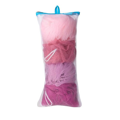Bliss Exfoliating Shower Pouf Sponges, Colorful Loofah Body Sponges for Bath and Shower - 4 Pack