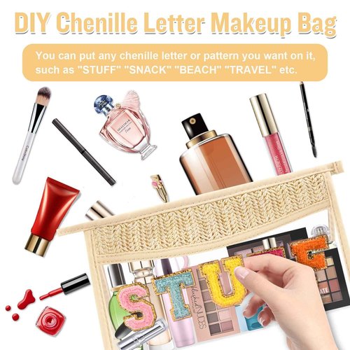 2 Pcs Boho Clear Makeup Bag Cosmetic Zipper Pouch Purse, Clear Toiletry Bags Travel Small Preppy Cute Chenille Letter Bag, Transparent Waterproof Clutch Make Up Organizer Storage Bag for Women Girls