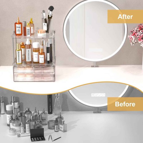 2-Tier 2-Drawer Bathroom Countertop Organizer : Large Multi-Purpose Makeup Vanity Organizer - Perfume & Skincare Storage Amber Clear