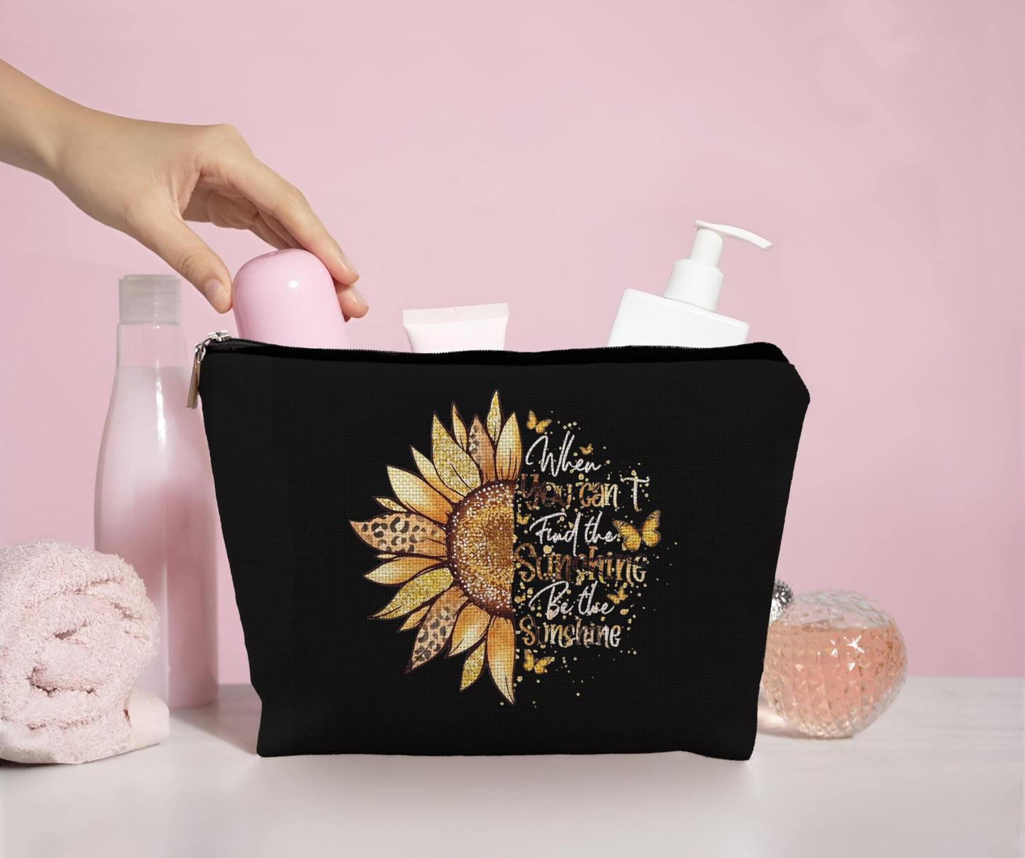 uinwk Positive Affirmations Makeup Bag,Sunflower Black Makeup Bag Cosmetic Bag,Sunflower Gifts For Women,Sunshine Makeup Bag,Inspirational Gift For Women Sister Daughter Best Friend