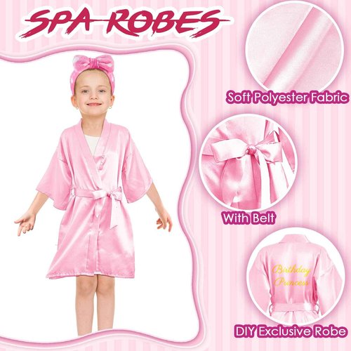 Jecery 18 Pcs Spa Party Supplies for Girls 6 Satin Kimono Robe 6 Spa Headband 6 Disposable Foam Pedicure Slippers (Pink,Size 6)