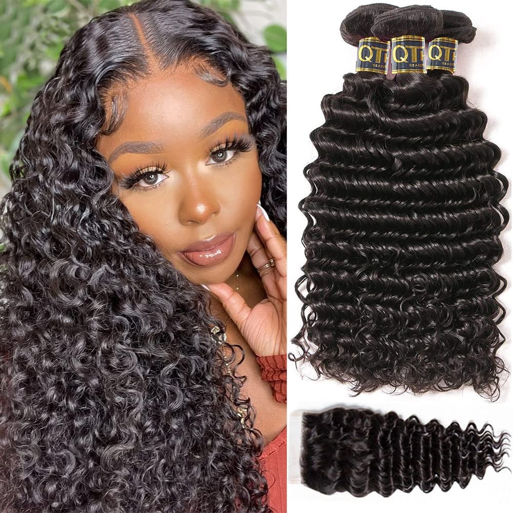 QTHAIR 14A Brazilian Deep Wave Bundles with Closure Virgin Human Hair Bundles with Closure 4x4 Lace Natural Color for Black Women 100% Unprocessed Deep Wave Human Hair(14 16 16+12)