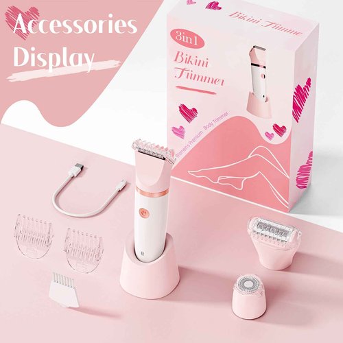 Bikini Trimmer for Women, Painless Electric Razor Shaver Women - Rechargeable Body Hair Trimmer, 3-In-1 Detachable Removal Kit with Ceramic Blade, Cordless Lady Shaver for Trip, IPX7 Waterproof, Peach