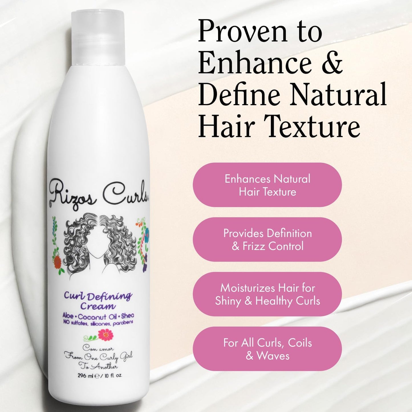 Rizos Curls Curl Defining Cream, Enhance Waves, Curls & Coils, Soft Hold Weightless Volume, Moisturizing Frizz-Free Shine with Aloe Vera, Coconut Oil & Shea Butter, All Curl Patterns 2a - 4c, 10 oz