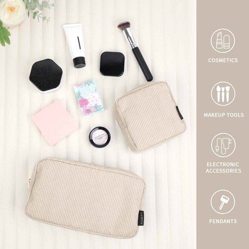 MAGEFY Makeup Bag for Purse, 2 Pcs Corduroy Cosmetic Bag for Girls Women Small Travel Makeup Pouch with Zipper(Beige)