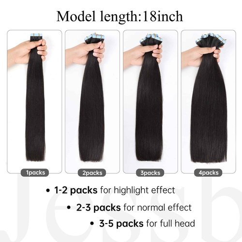 JESSBO Tape in Hair Extensions Human Hair Straight Natural Black 100% Remy Human Hair 18 inch 20pcs 50g/pack Seamless Skin Weft Tape in Extensions for Women (18 Inch #1B Natural Black)