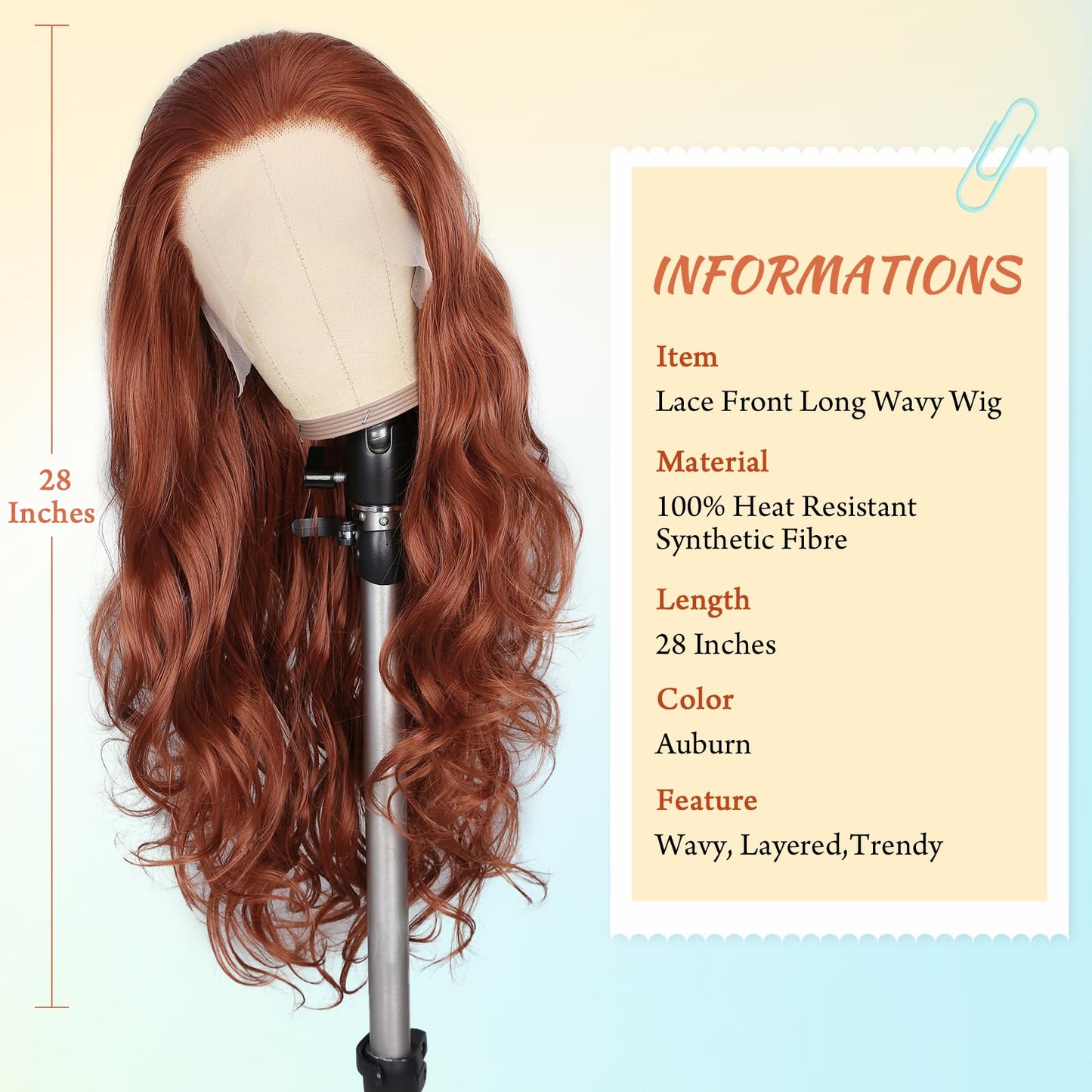 FAVE 28 Inches Lace Front Wig 200% Density Heat Resistant Synthetic Lace Front Wig Long Wavy Free Part Auburn Wig Glueless Lace Front Wigs for Women Lace Wig for Party Daily Use (Auburn)