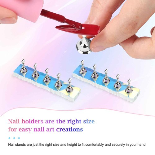 Narsikar 2 Set Nail Stands, Nail Holder for Painting Nails, Acrylic Nail Stand for Press on Nails Display Stand with Adhesive Putty Practice Nail Art Tools for Salons (Silver)