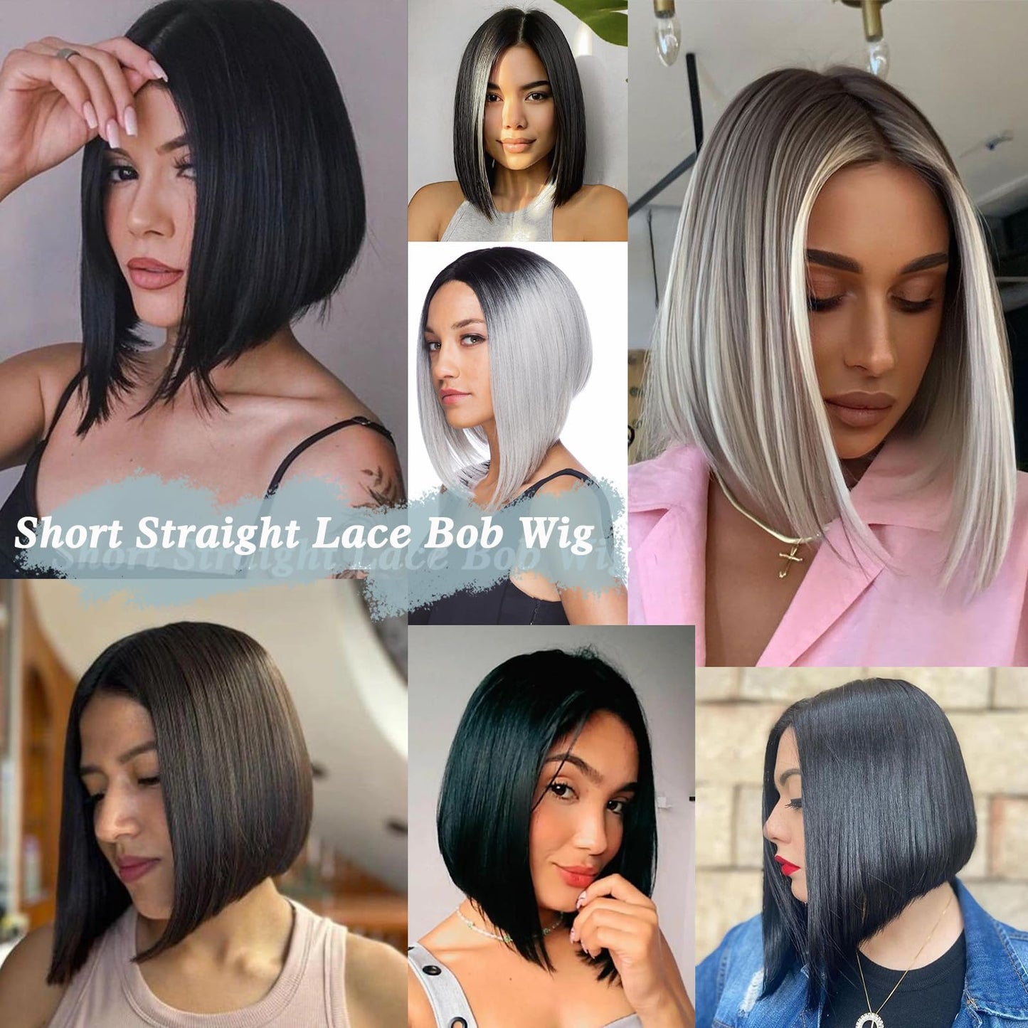 Liyoda Angled Bob Wig Short Bob Wig Straight Cut Inverted Bob Wigs for Women Black Bob Lace Wig Lace Front Bob Wig Middle Part Synthetic Bob Wigs for Black Women (#2)