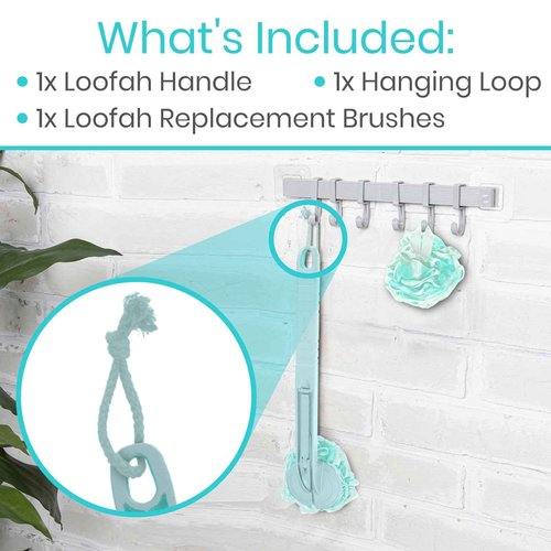Vive Long Handled Loofah on a Stick - Mesh Back Sponge for Bath, Reusable w/Extra Pouf - Exfoliating Scrubber for Elderly & Disabled, Soft Loofa for Bathing Men & Women