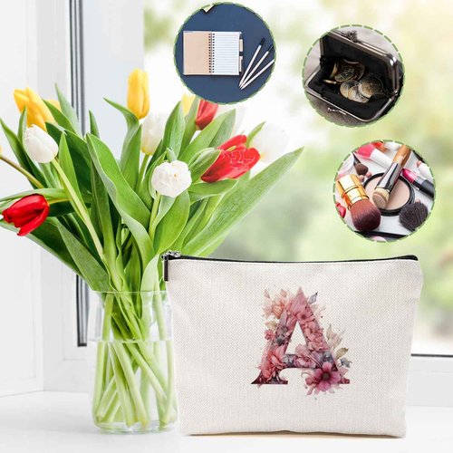 DHKG Initial Makeup Bag Personalized Cosmetic Bag Monogrammed Gifts for Women Girls Bride Friend Travel Organizer Zipper Pouch Teacher Gifts Mothers Day Birthday Bridal Shower Gifts, Pink Letter A