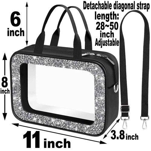 Meetart Clear Makeup Bag.Crushed Diamond Travel Toiletry Bag with Detachable Shoulder Strap.Transparent Cosmetic Bag for Travel, Bathroom Storage.(Black)