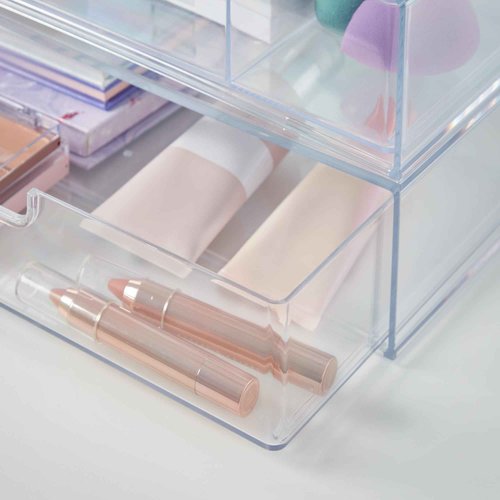 STORi STAX Plastic Stackable Organizer Drawers (Set of 2) Clear | 12.5" Wide | Set Includes One Open Drawer & One Divided Drawer | Organize Office Desk Accessories & Sort Paper | Made in USA