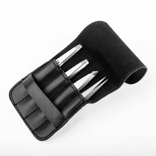 Tweezers Set, Eyebrows Tweezers Set Professional Stainless Steel Tweezers Set - 4 Pieces with Leatherette Travel Case Perfect for Facial Hair, Beauty and Personal Care Tool Set, Hobri International