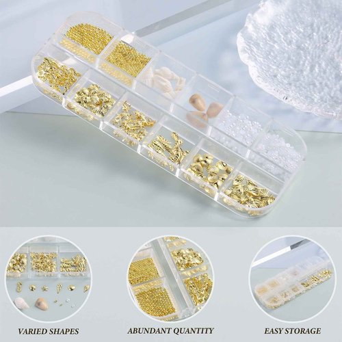 SUTOKAKA 3D Metal Studs Nail Art Charms Mixed Style Gold Shell Seahorse Starfish Pearl Metallic Nail Rivets Beads with Tweezer for Summer Ocean Beach Seaside DIY Manicure Decorations