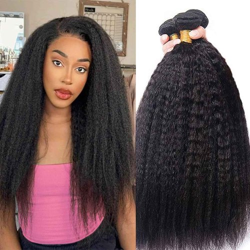 DMS Kinky Straight Bundles Yaki Straight Bundles Human Hair For Black Women 100% Unprocessed Brazilian Remy Hair Natural Black Color (22 inch，black)