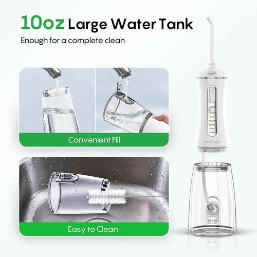FRESKO Water Flosser with High Pulse & Constant Pressure Tech, Rechargable Oral Irrigator wih 10oz Water Tank, 2600mAh, IPX7, 4 Modes & 5 Tips for Travel