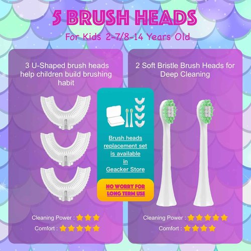 Geacker Kids Electric Toothbrush, U Shaped Toothbrush Kids Sonic Automatic Brush with 5 Brush Head 6 Sonic Clean Modes IPX7 Waterproof Mermaid Design Rechargeable Smart Timer for Children 2-7