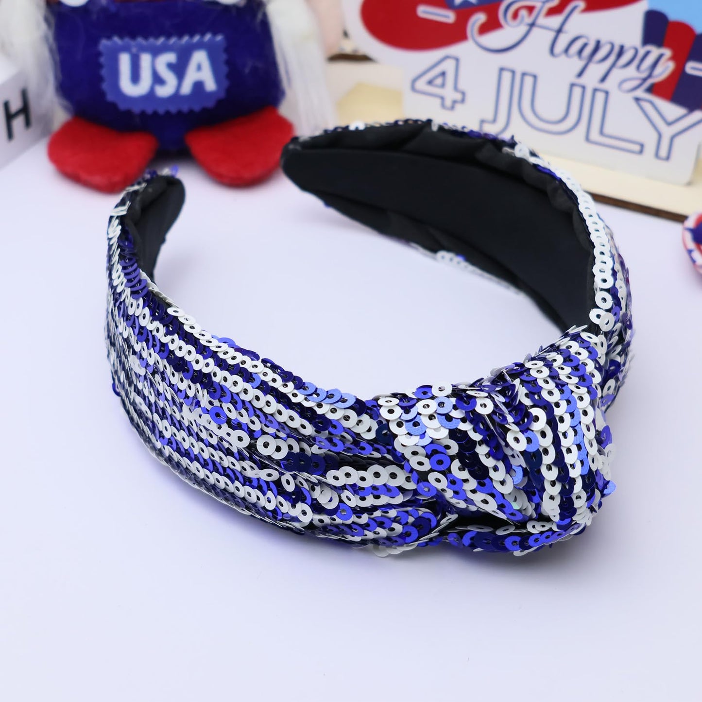 VHWMHEAD 4th of July Headbands - 4th of July Sequin Knotted Headbands for Women Girls Blue White Hairband Sparkly Wide Hair Bands Glitter Headband Patriotic Hair Accessories