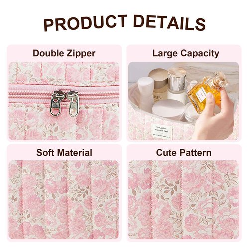 GISMTR Makeup Bag, Floral Quilted Cosmetic Bag, Large Travel Aesthetic Make up Bag, Cute Coquette Toiletry Bag for Women Girls