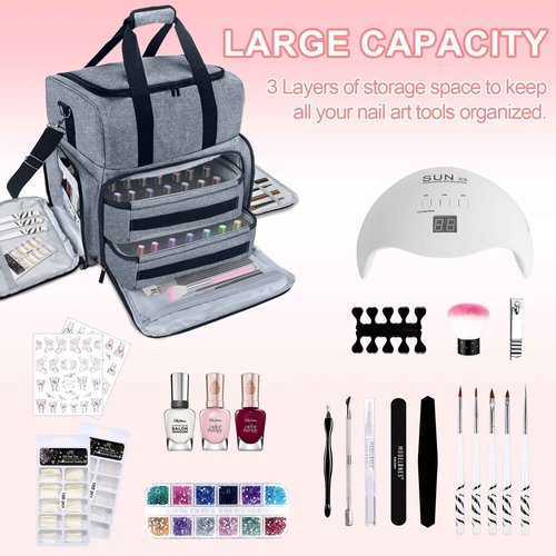 ALSLEA Nail Polish Organizer 3 Layers Holds 70 Bottles (15ml - 0.5 fl.oz) Portable Gel Nail Kit Organizer Case for Nail Lamp Travel Nail Supplies Bag with 2 Removable Nail Polish Holder Pouches (Gray)