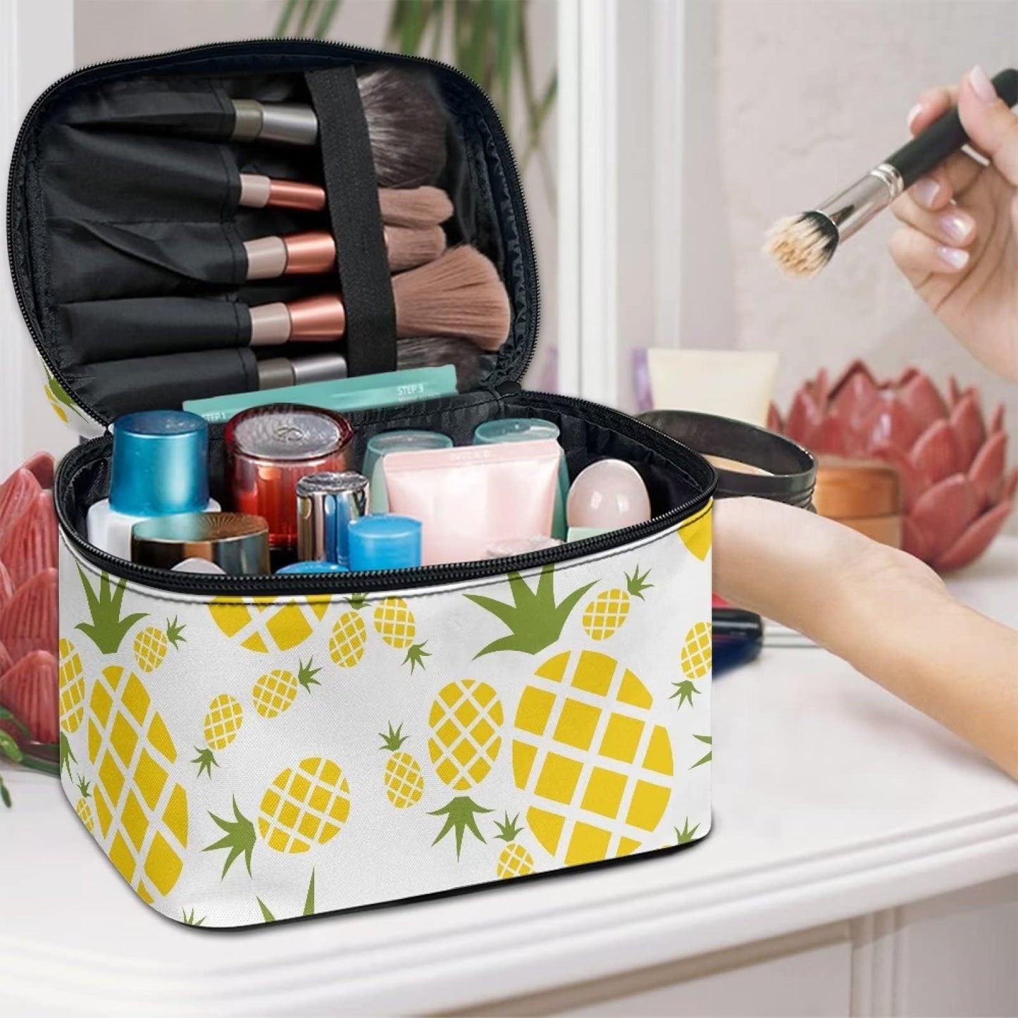 JEOCODY Pineapple Print Makeup Bag Portable Cosmetic Bag Portable Travel Makeup Train Case with Handle for Cosmetics Makeup Brushes, Girls, Women, Friends Gifts