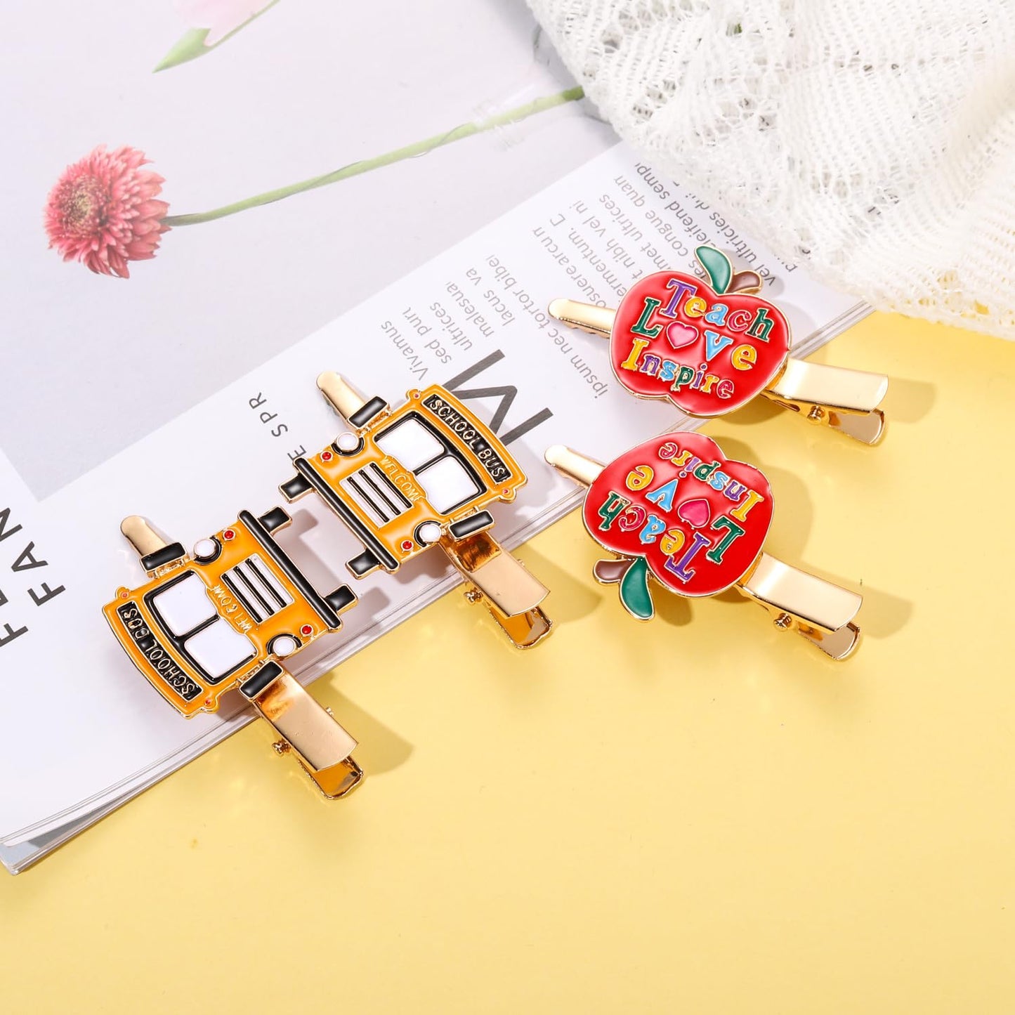 Back to School Hair Clips,Cute Schoolbag Book Hair Clips School Bus Hairpins Back-to-school Gifts Fun Hair Accessories for Teacher Students (2Pairs Ap-ple,School bus)