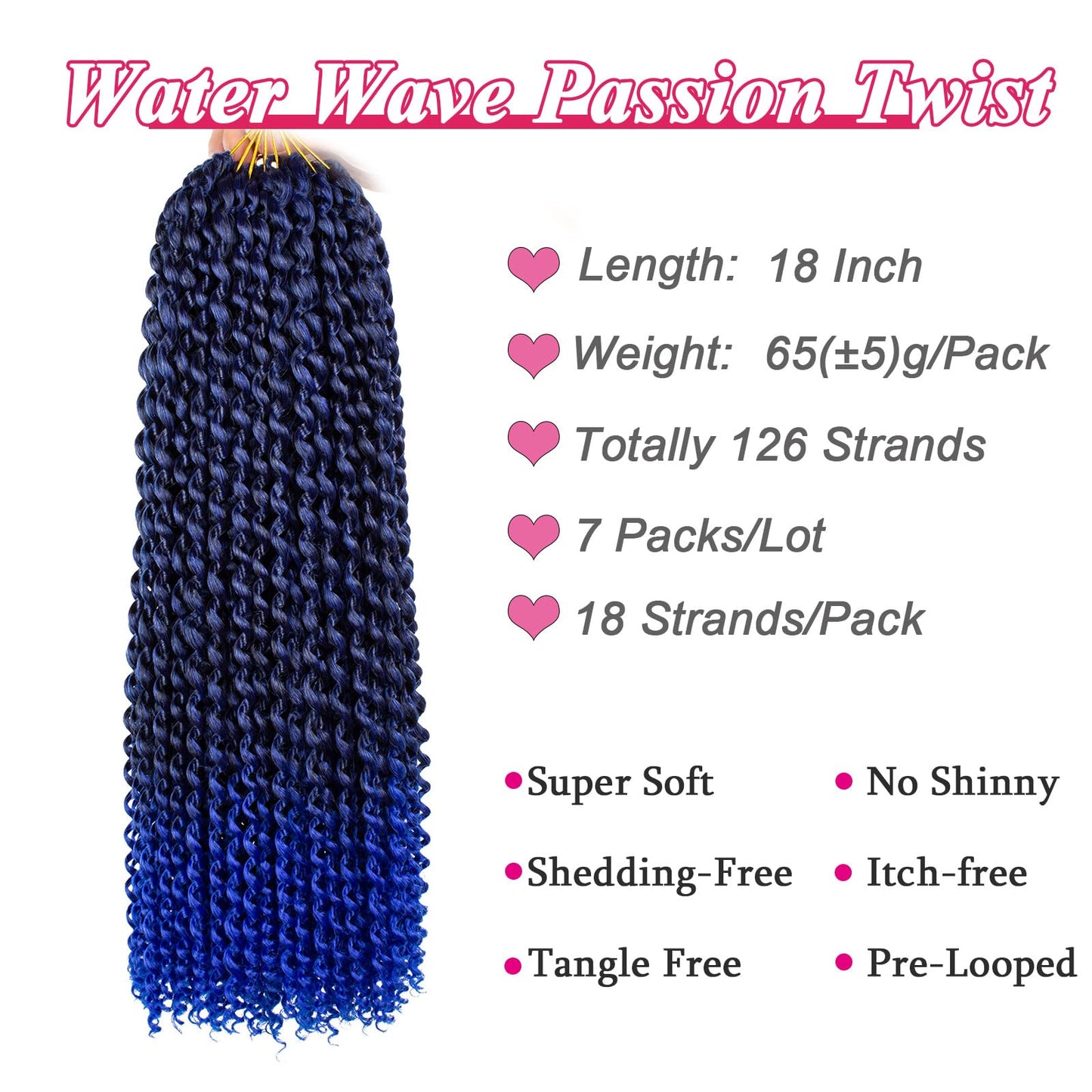 Leeven 18 Inch 7 Packs Ombre Blue Passion Twist Crochet Hair for Butterfly locs Synthetic Bohemian Water Wave Crochet Braiding Hair for Passion Twist 1B/Blue#