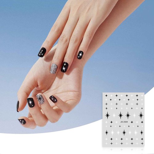 Abeillo 6 Sheets Nail Art Stickers, Star Heart Bows Nail Decals, Black White Nail Design Stickers, Self-Adhesive DIY Nail Charms for Women Girls Manicure Decoration