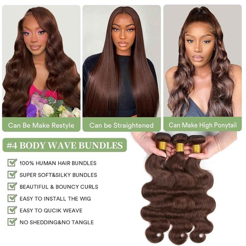 #4 Chocolate Brown Human Hair Bundles Body Wave 12 12 12 inch 100% Unprocessed Brazilian Virgin Hair Extensions 12A Quick Weave Bundles Human Hair Double Weft