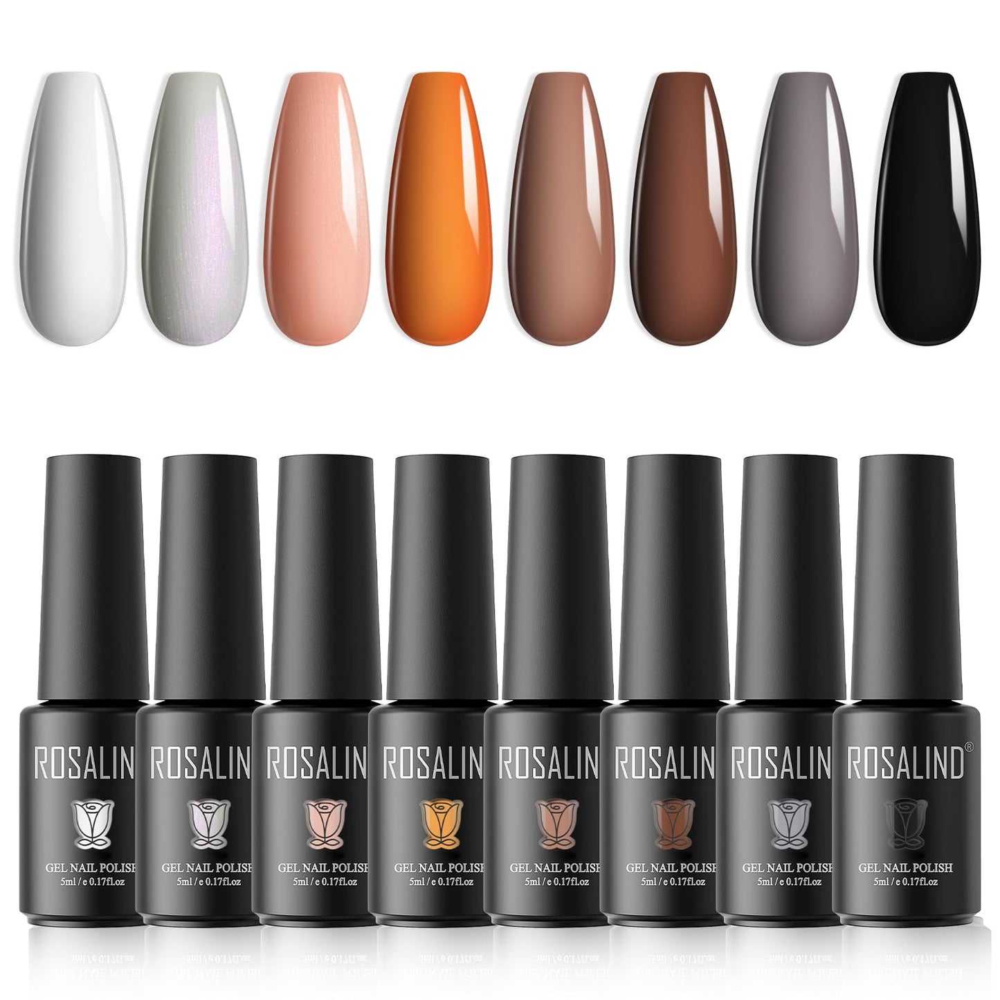 ROSALIND 8PCS White Black Nude Gel Nail Polish Set Fall Neutral Nail Gel Collection Polish, Nude Orange Brown Gel Nail Polish Manicure DIY Home