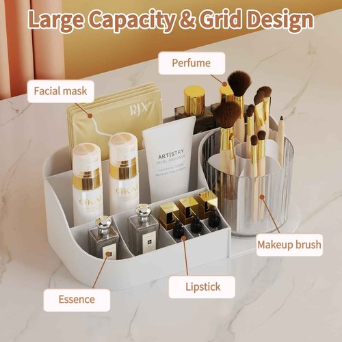 NATURE'S SOURCE Rotating Makeup Organizer Countertop for Vanity with Makeup Brush Holder, Large Capacity, Grid Design, 360° Rotatable Skincare Organizer Perfume Tray for Dresser, Bathroom (White, 1T)