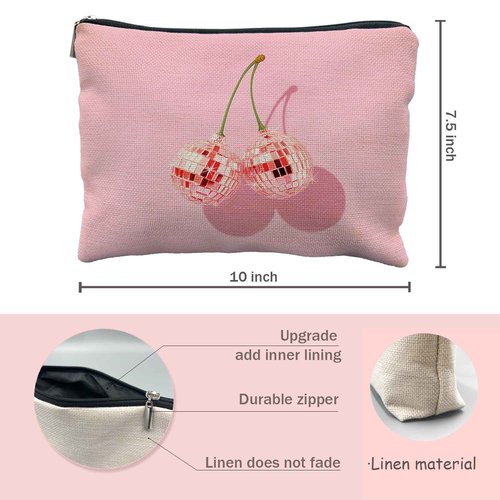 Likjad Cherry Makeup Bag - Preppy Hot Pink Disco Ball Gift for Women, Teachers, Teen Girls, and Sisters