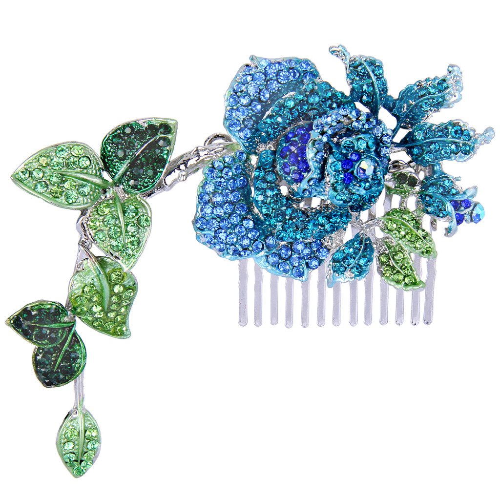 EVER FAITH Silver-Tone Austrian Crystal Enamel Wedding Rose Flower Vine Leaf 5.5 Inch Hair Comb Blue