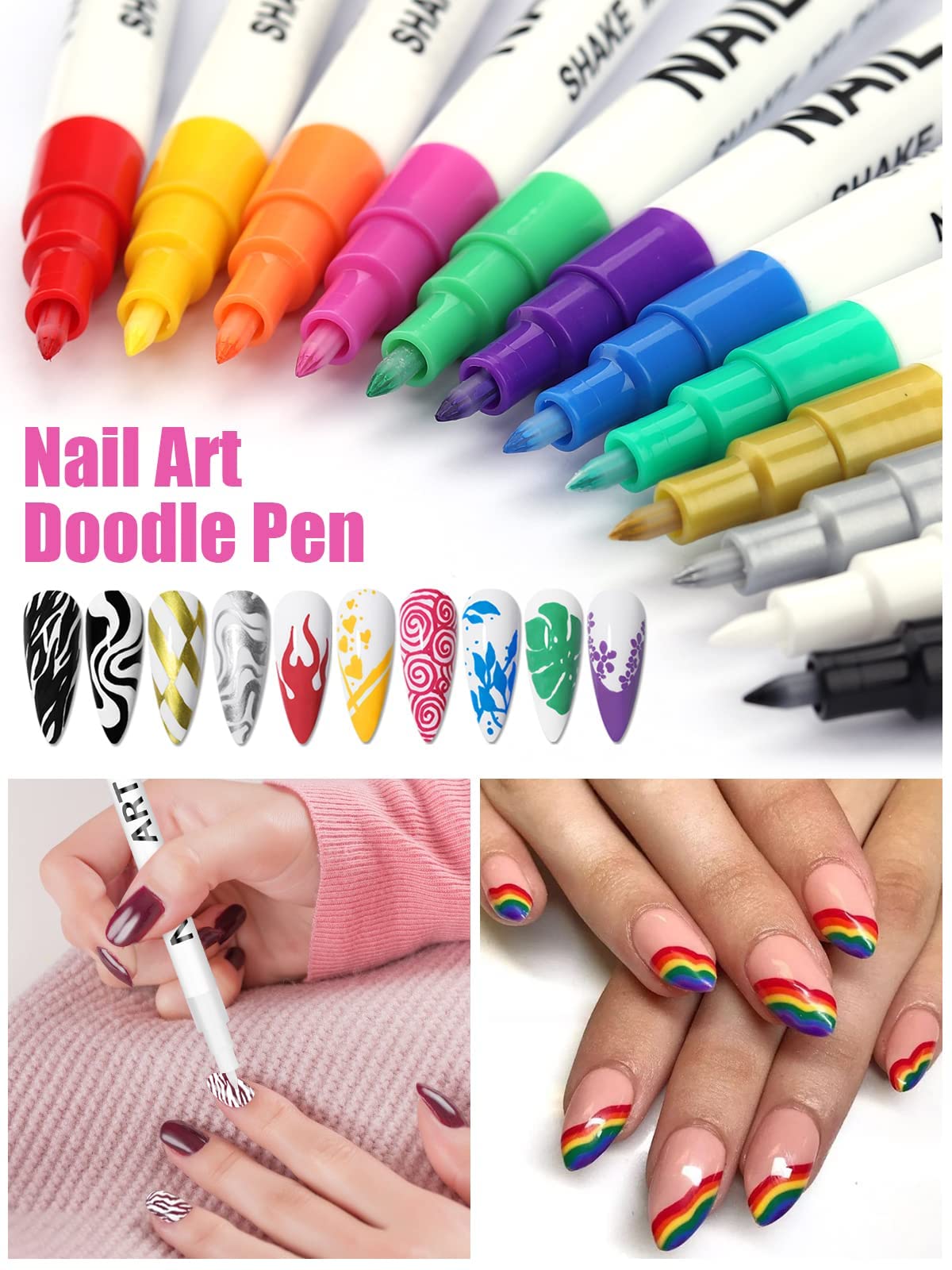 12 Color 3D Nail Art Pens Set, Kalolary Nail Polish Pens Nail Point Graffiti Dotting Pen Drawing Painting Liner Brush for DIY Nail Art Beauty Adorn Manicure Tools(A)