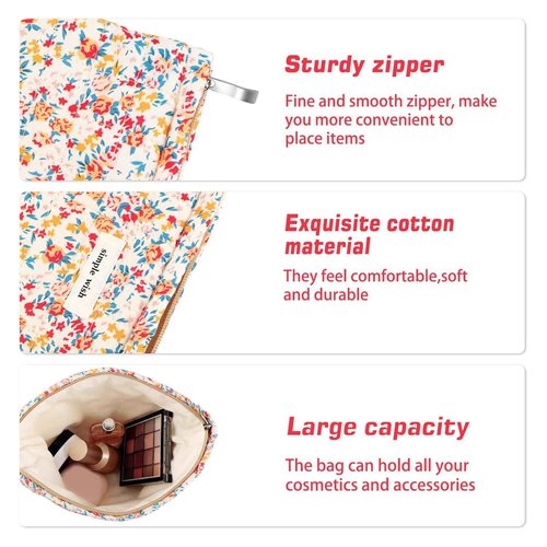 URSKYTOUS Cotton Quilted Makeup Bag for Women Coquette Floral Cosmetic Bag Cute Zipper Cloth Makeup Pouch for Purse Trendy Aesthetic Orange Flower Makeup Bag Travel Skincare Toiletry Bag Organizer
