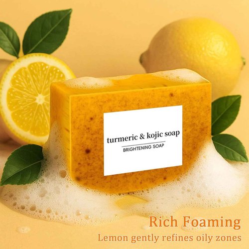 Turmeric Soap + African Net Sponge, Lemon Turmeric Kojic Soap Bar for Spots Remover, Organic Skin Care Soaps for Face and Body, Evens Skin Tone Exfoliator Deep Cleansing Moisturizing